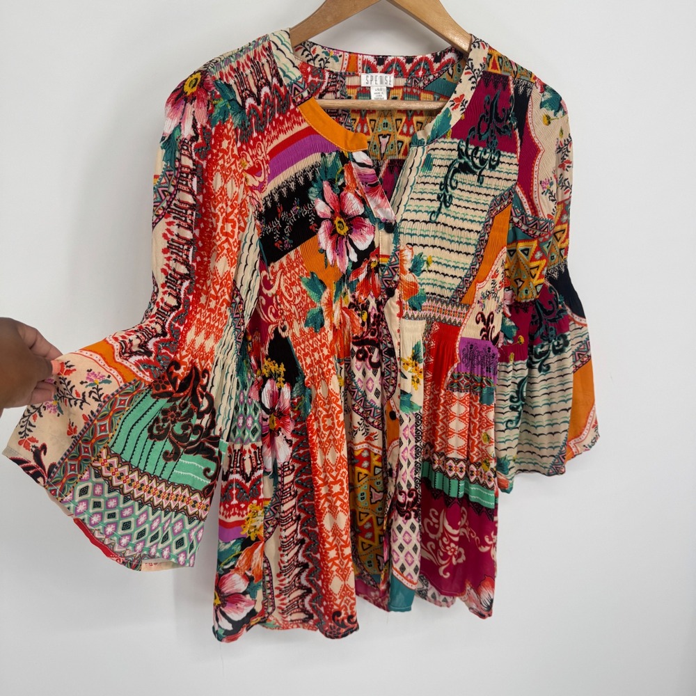 Spense Patchwork Blouse Women L Boho Floral Bell Sleeve Pleated Festival Peasant